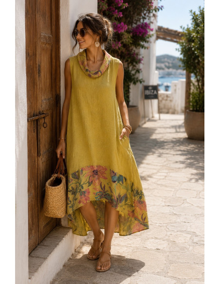 Vestido de lino asimétrico con estampado floral mostaza