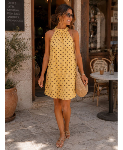 Vestido Corto Halter Amarillo con Lunares Chocolate 2