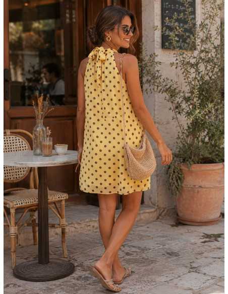Vestido Corto Halter Amarillo con Lunares Chocolate