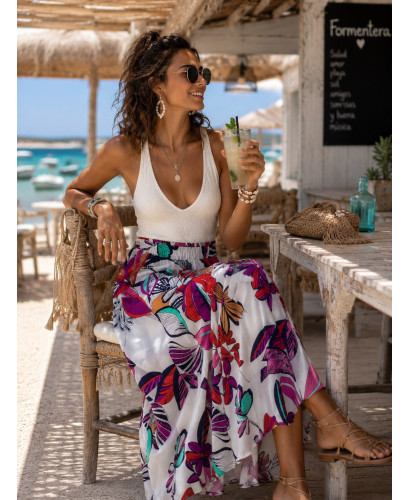 Falda blanca con Estampado Tropical y Cintura Elástica