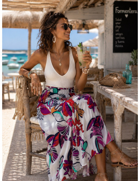 Falda blanca con Estampado Tropical y Cintura Elástica