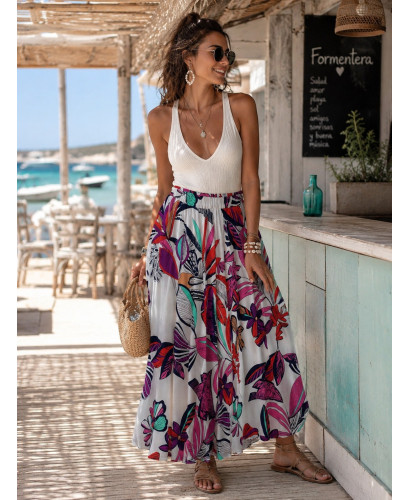 Falda blanca con Estampado Tropical y Cintura Elástica 2