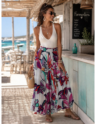 Falda blanca con Estampado Tropical y Cintura...