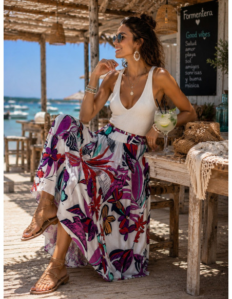 Falda blanca con Estampado Tropical y Cintura Elástica