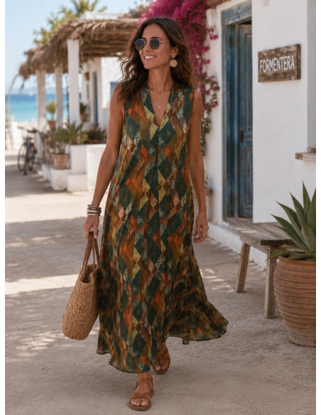 Vestido largo estampado en tonos verdes y naranja  con strass
