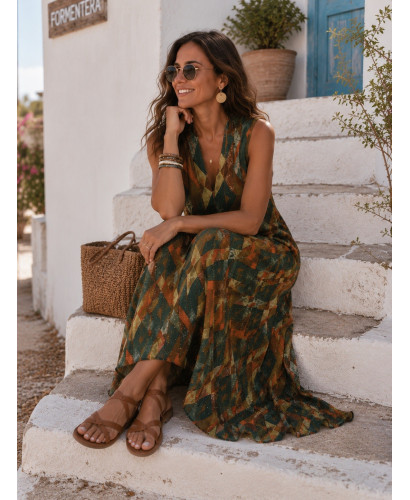Vestido largo estampado en tonos verdes y naranja  con... 2