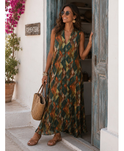 Vestido largo estampado en tonos verdes y naranja  con...