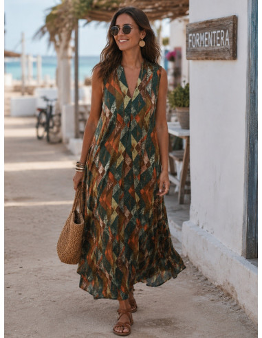 Vestido largo estampado en tonos verdes y...