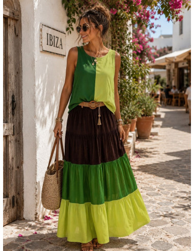 Falda Tricolor Marrón, Verde y Lima con Cintura...