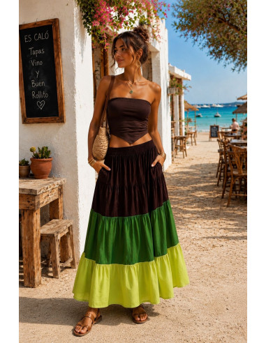 Falda Tricolor Marrón, Verde y Lima con Cintura...