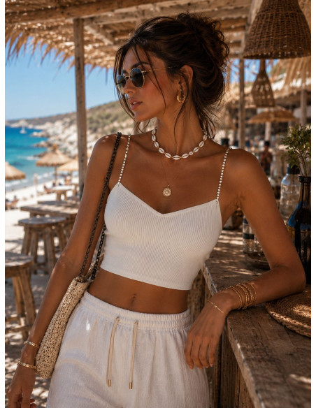 Top Canalé blanco con Tirantes de Cristales