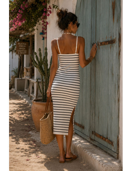 Vestido de Canalé crudo y negro  Abertura Lateral