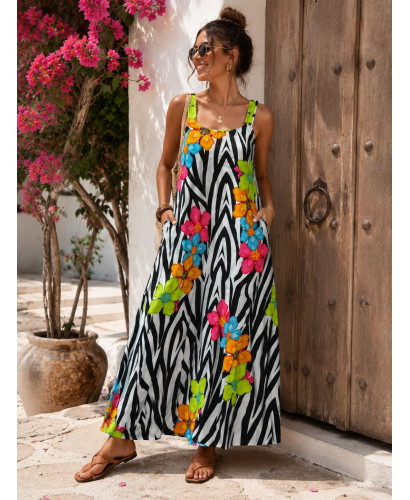 Vestido Largo Estampado Cebra con Flores Multicolor y...