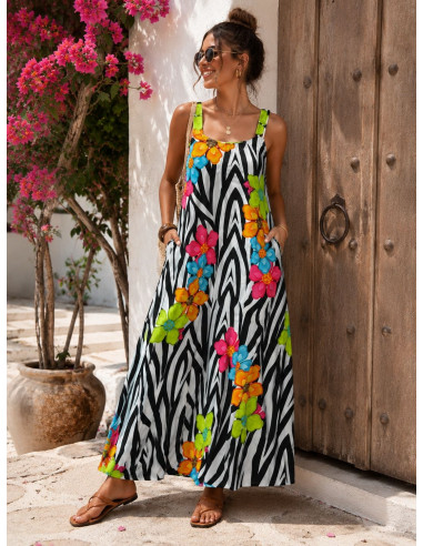 Vestido Largo Estampado Cebra con Flores...