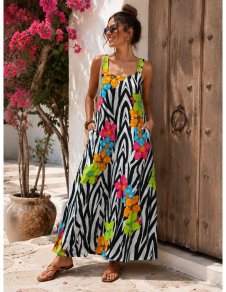 Vestido Largo Estampado Cebra con Flores Multicolor y Bolsillos