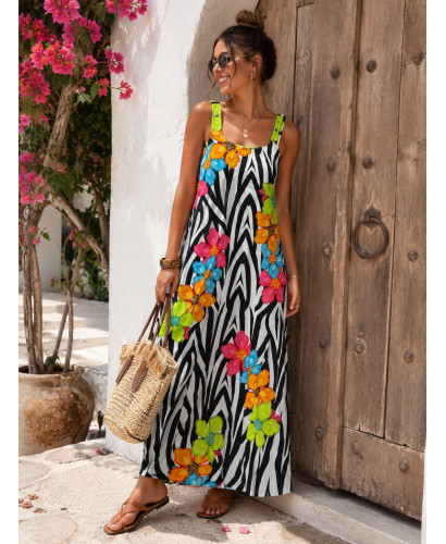 Vestido Largo Estampado Cebra con Flores Multicolor y... 2