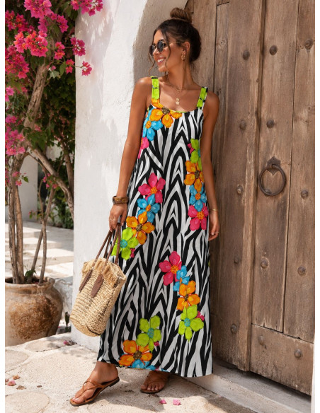 Vestido Largo Estampado Cebra con Flores Multicolor y Bolsillos