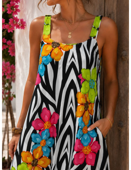 Vestido Largo Estampado Cebra con Flores Multicolor y Bolsillos
