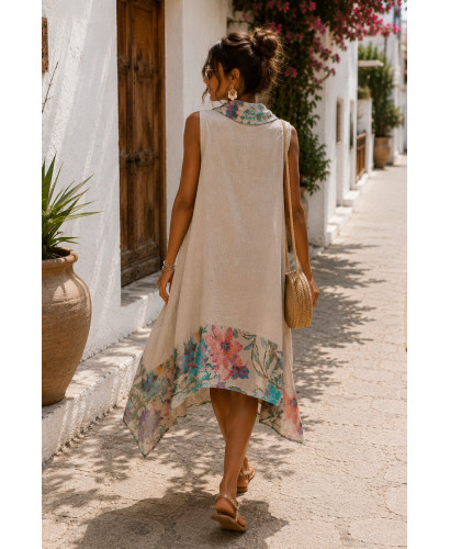 Vestido de lino asimétrico con estampado floral crudo 2