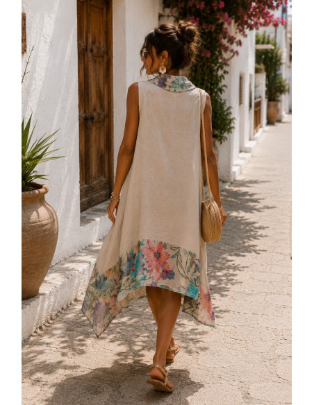 Vestido de lino asimétrico con estampado floral crudo
