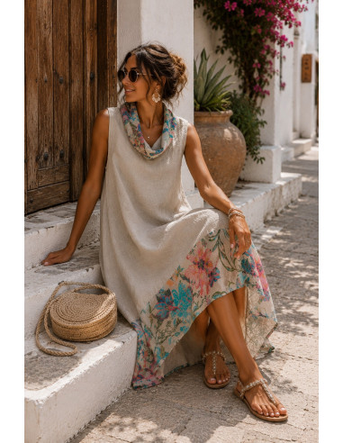 Vestido de lino asimétrico con estampado floral...