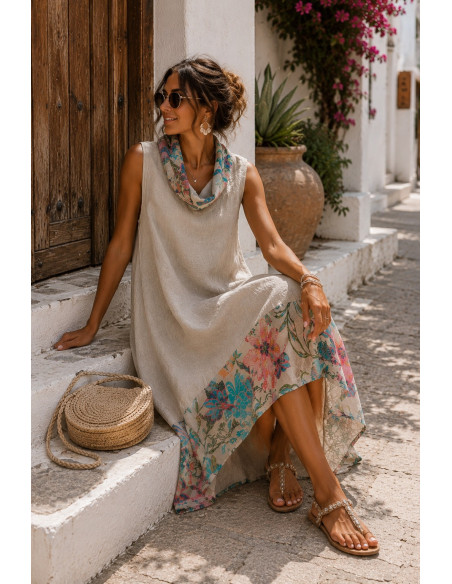 Vestido de lino asimétrico con estampado floral crudo