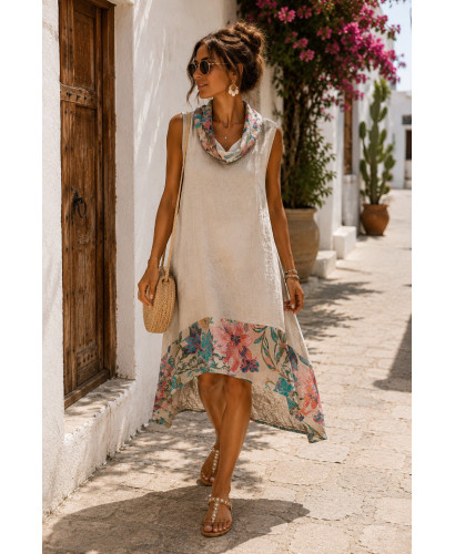 Vestido de lino asimétrico con estampado floral crudo