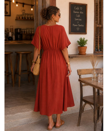 Vestido Midi Terracota con Lazada Frontal y Cintura Elástica 2