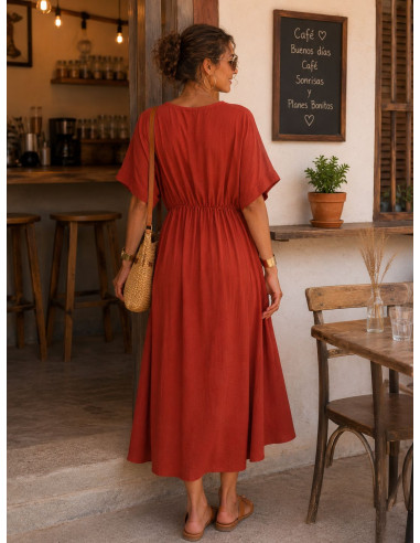 Vestido Midi Terracota con Lazada Frontal y...