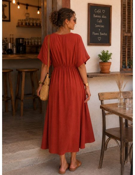 Vestido Midi Terracota con Lazada Frontal y Cintura Elástica