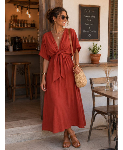 Vestido Midi Terracota con Lazada Frontal y Cintura Elástica