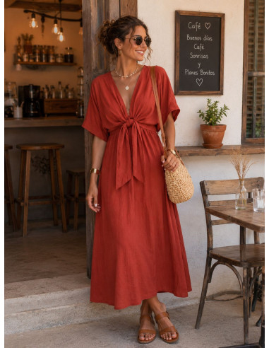 Vestido Midi Terracota con Lazada Frontal y...