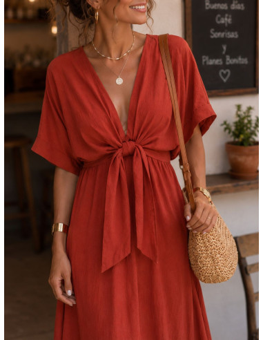 Vestido Midi Terracota con Lazada Frontal y...
