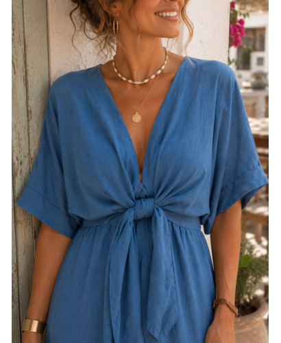 Vestido midi en tencel con lazada frontal y cintura elástica 2