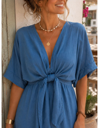Vestido midi en tencel con lazada frontal y...