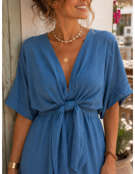 Vestido midi en tencel con lazada frontal y cintura elástica