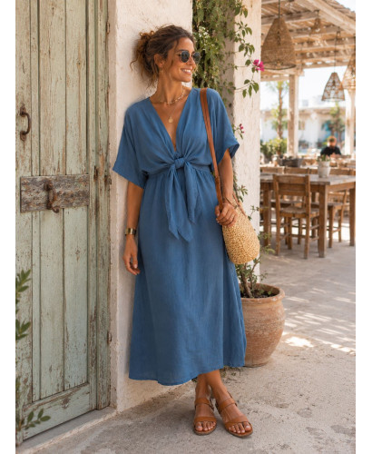 Vestido midi en tencel con lazada frontal y cintura elástica