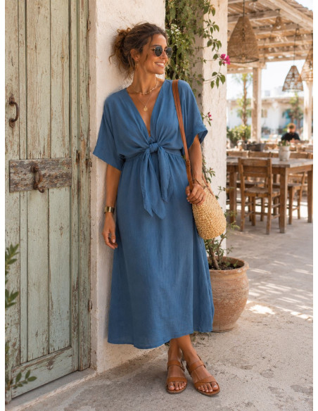 Vestido midi en tencel con lazada frontal y cintura elástica