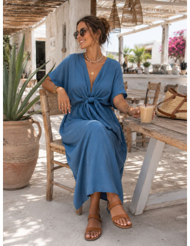 Vestido midi en tencel con lazada frontal y...