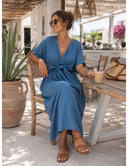 Vestido midi en tencel con lazada frontal y cintura elástica
