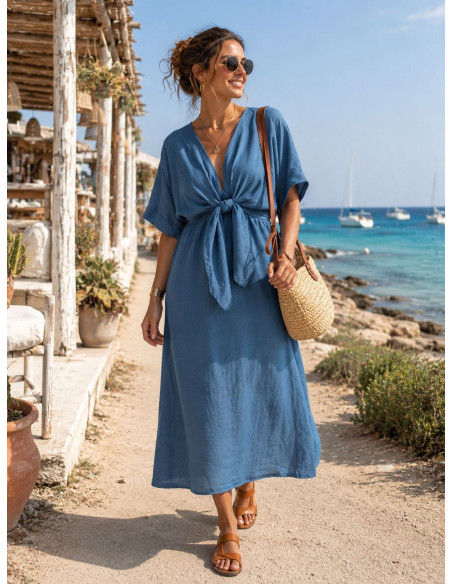 Vestido midi en tencel con lazada frontal y cintura elástica