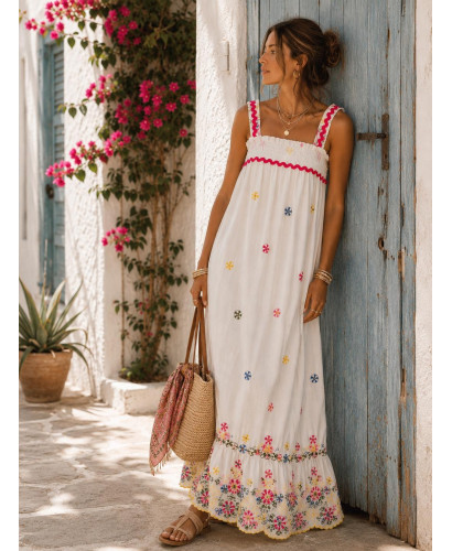 Vestido Largo Blanco Bordado Multicolor con Piculina Rosa 2