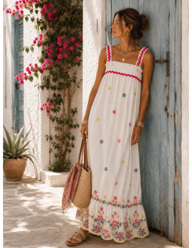 Vestido Largo Blanco Bordado Multicolor con...