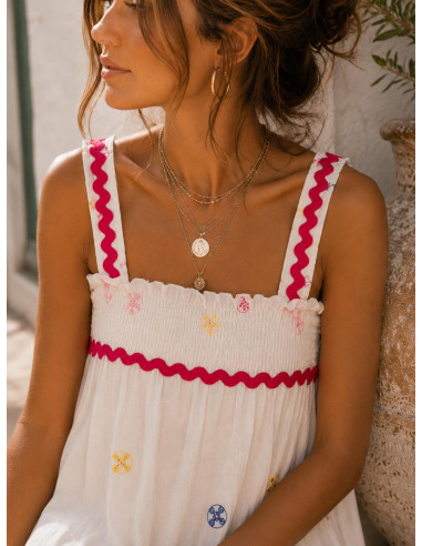 Vestido Largo Blanco Bordado Multicolor con...