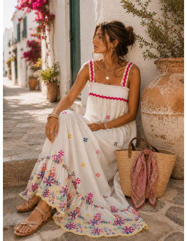 Vestido Largo Blanco Bordado Multicolor con...