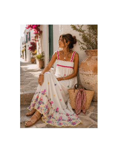 Vestido Largo Blanco Bordado Multicolor con...