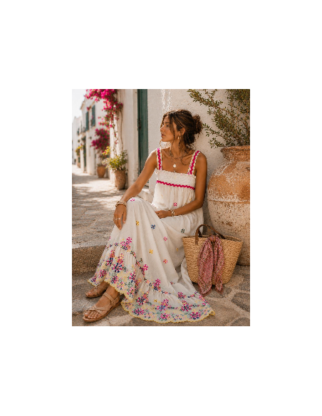 Vestido Largo Blanco Bordado Multicolor con Piculina Rosa