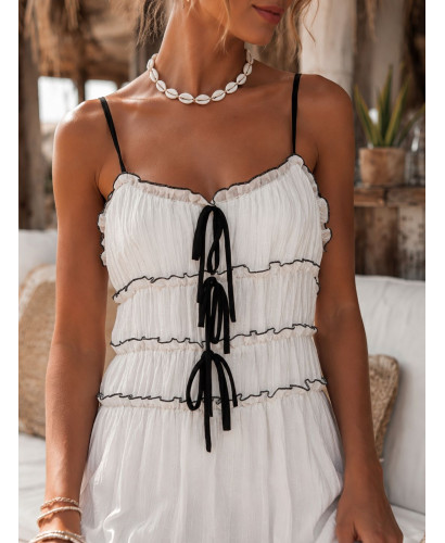Vestido Midi Blanco con Volantes y Lazadas Negras 2