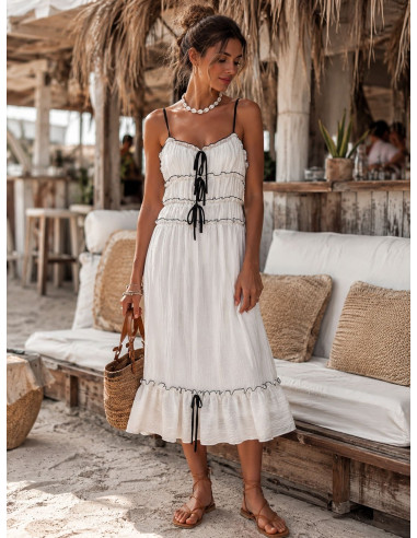 Vestido Midi Blanco con Volantes y Lazadas Negras