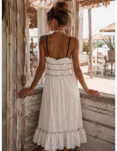Vestido Midi Blanco con Volantes y Lazadas Negras